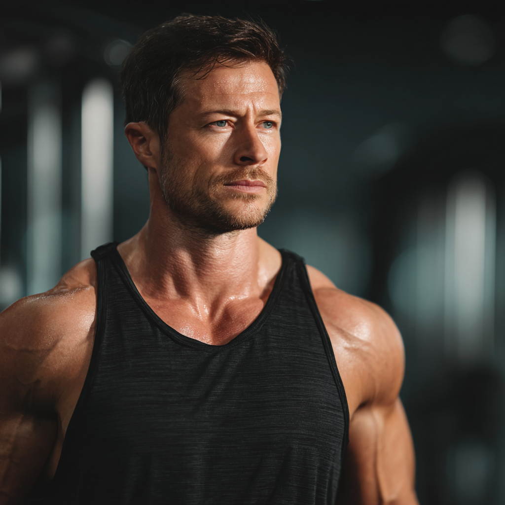 Strong confident man doing workout in modern gym with focused determination